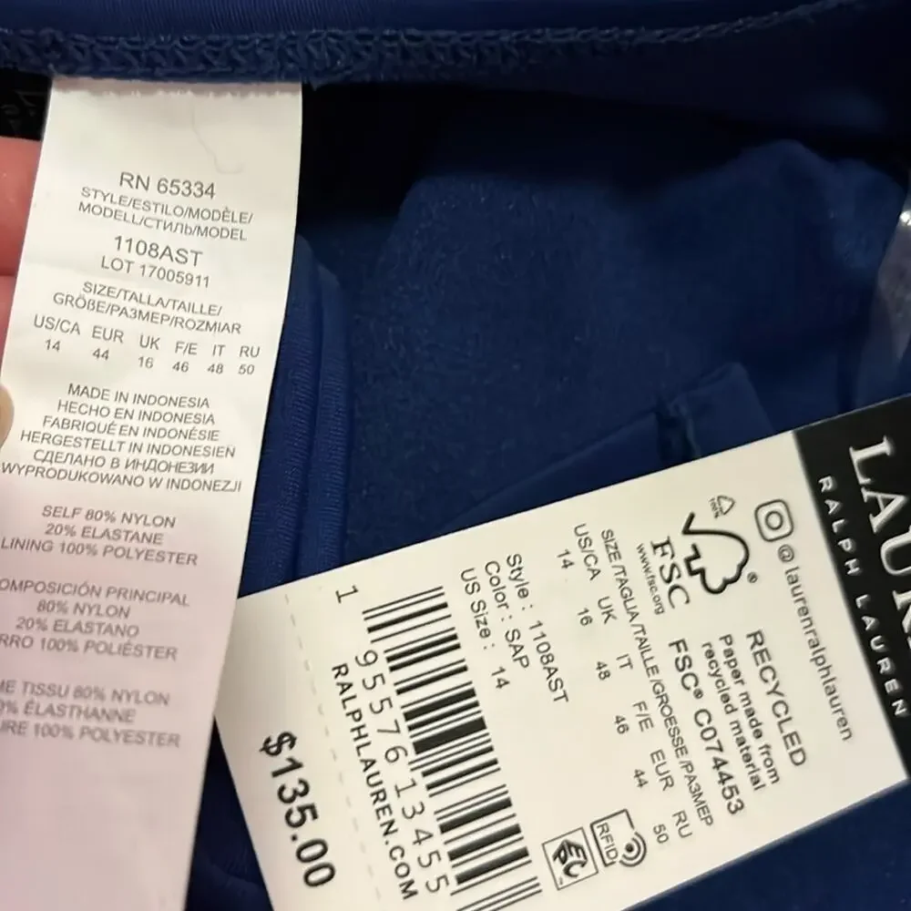 NWT $135 LAUREN Ralph Lauren Plus Sz 14 Sapphire Blue‎ One Piece Swimsuit Halter
